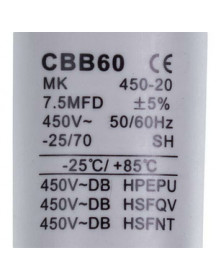 Пусковий конденсатор CBB60 для пральної машини 7.5uF 450V Пусковий конденсатор CBB60 для пральної машини 7.5uF 450V